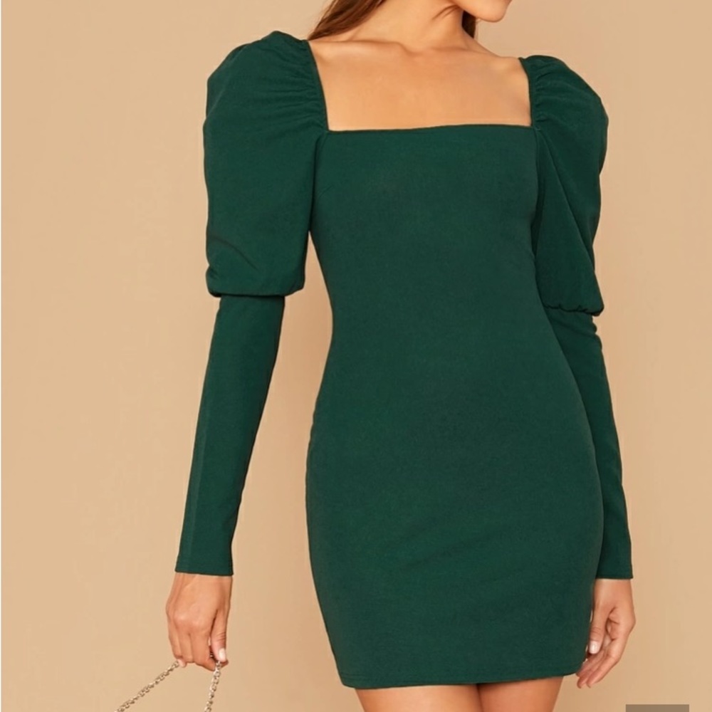 SHEIN - Dark Green Puff Sleeve Mini Dress Long Sleeve